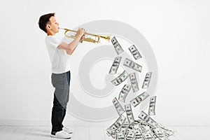 A child playing trumpet on white background