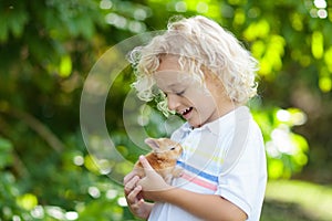 Child playing with white rabbit. Little boy feeding and petting white bunny. Easter celebration. Egg hunt with kid and pet animal photo