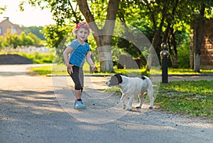 A child plays with a small dog in the park. Selective focus.