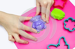 The child plays with soft plasticine and sculpts a bear with the help of a mold