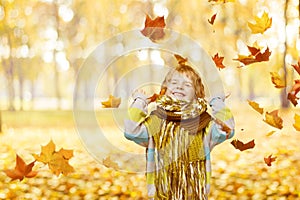 Child Portrait In Autumn Park, Smiling Little Kid Happy Playing