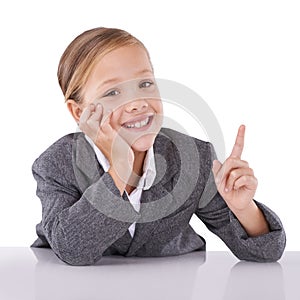 Child, portrait and business career in suit for future professional dreams, white background or studio. Kid, girl and