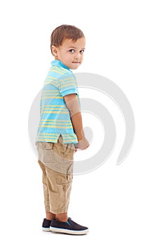 Child, portrait and guilty of mistake in studio or white background, mockup or development. Male person, model and