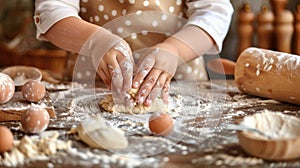 Child Preparing Dough in Kitchen.AI generated image