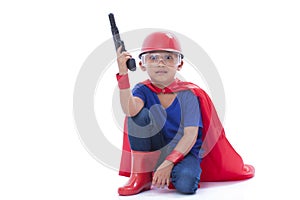 Child pretending to be a superhero with toy gun