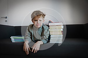 Child protest against learning, kid stress from reading, doing homework