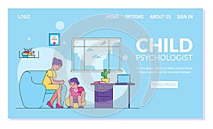 Child psychologist vector illustration, boy and psychotherapist website internet page.