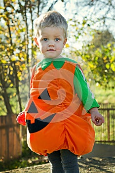 A child with a pumpkin fancy dress. Halloween