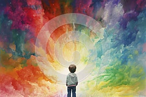 A child in rainbow coloured imaginary world. Child mental health concept. ASD, autism spectrum disorder awareness concept.