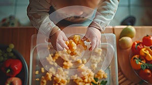 A child reaching into a container of food to pick up some pieces, AI