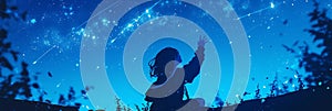 Child reaching out shooting stars deep blue starlit sky anime illustration