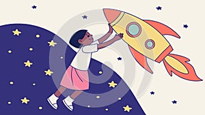 Child Reaching for Rocket in Space, Future Dreams Exploration, vector design Generative AI