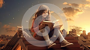 Child Reading Book Outdoor City Roof, Happy Girl Kid Read and Dream Children Books