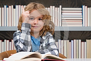 Child reading a book in a school library. School boy education concept.