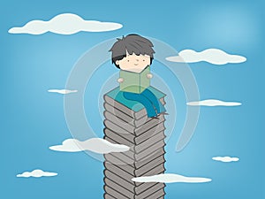 Child reading a book sitting on stack of books up to sky for children culture growth