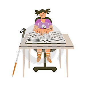 Child reading braille book vector illustration