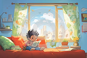 child reading a comic book near a sunny window