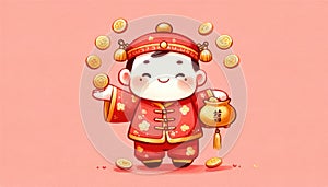 Child in Red Chinese Attire with New Year Gold Coins