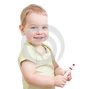 Child with red tip pen isolated