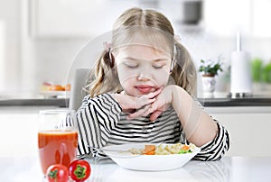 Child refuses to eat,not hungry kid.No appetite.Unhappy expression. Little girl does not want to eat