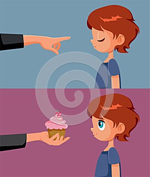 Child Responding to Punishment or Reward Parenting Technique Vector Cartoon