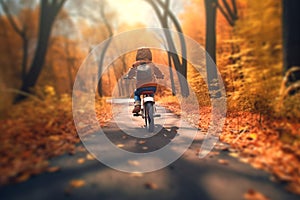 Child rides a bike in city park. Small child is learning to ride a bike on an asphalt road in the autumn forest. Generative AI