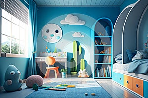 Child room. Child bedroom. Boy\'s room. Boys. Colorful bedroom. Kids toys. Real estate. Renovation company. Home staging. Blue wal