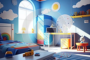 Child room. Child bedroom. Boy\'s room. Boys. Colorful bedroom. Kids toys. Real estate. Renovation company. Home staging. Daylight