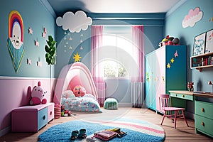 Child room. Child bedroom. Girl\'s room. Girls. Colorful bedroom. Kids toys. Real estate. Renovation company. Home staging. Blue w