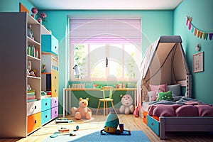 Child room. Child bedroom. Girl\'s room. Girls. Colorful bedroom. Kids toys. Real estate. Renovation company. Home staging. Daylig