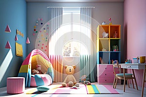 Child room. Child bedroom. Girl\'s room. Girls. Colorful bedroom. Kids toys. Real estate. Renovation company. Home staging. Daylig