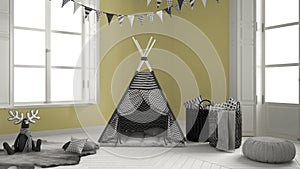 Child room with furniture, carpet and tent, two panoramic window