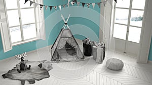 Child room with furniture, carpet and tent, two panoramic window