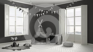Child room with furniture, carpet and tent, two panoramic window