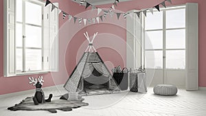 Child room with furniture, carpet and tent, two panoramic window