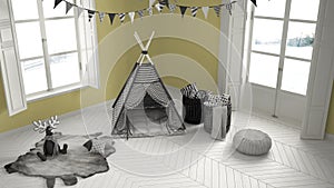 Child room with furniture, carpet and tent, two panoramic window