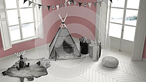 Child room with furniture, carpet and tent, two panoramic window