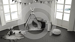 Child room with furniture, carpet and tent, two panoramic window