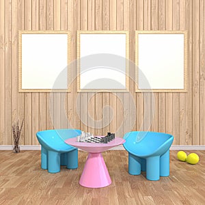 Child room interior and picture frame wooden background 3d rendering