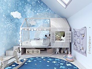 Child room, kids bedroom with blue carpet and toys