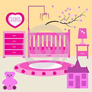 Child room for the newborn girl. Baby girl bedroom with furniture.