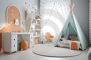 child room pink style home furniture house design interior bed wall. Generative AI.