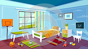 Child room vector cartoon illustration of kid boy bedroom interior furniture and toys background