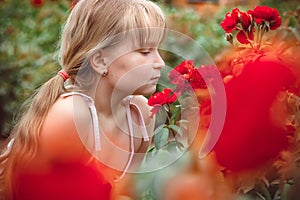 Child with rose flower in spring garden