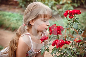 Child with rose flower in spring garden