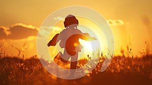 Child Running Through Field at Sunset