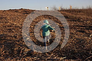Child runs through forest clearing. Little girl in empty space. Deforestation in Russia