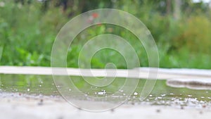 A child runs through puddles in the summer.