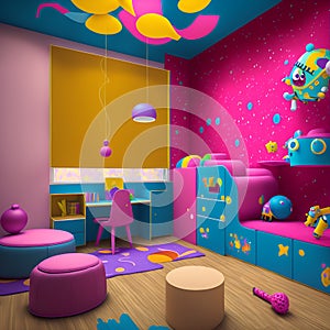 A child's bedroom decorated in pink, blue, and yellow created with Generative AI technology