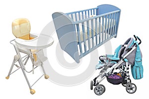 Child's chair, bed and perambulator